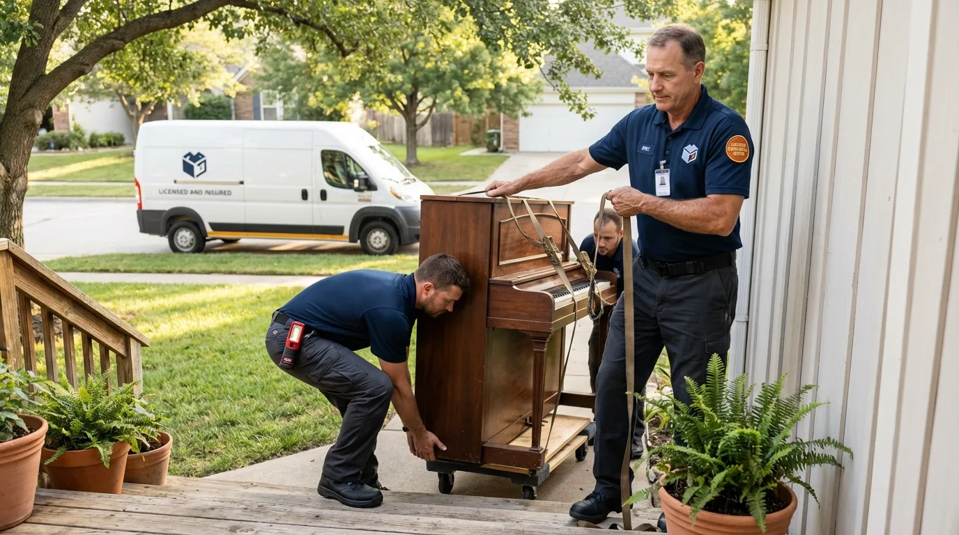 Licensed piano movers securing grand piano in Sheldon, IL