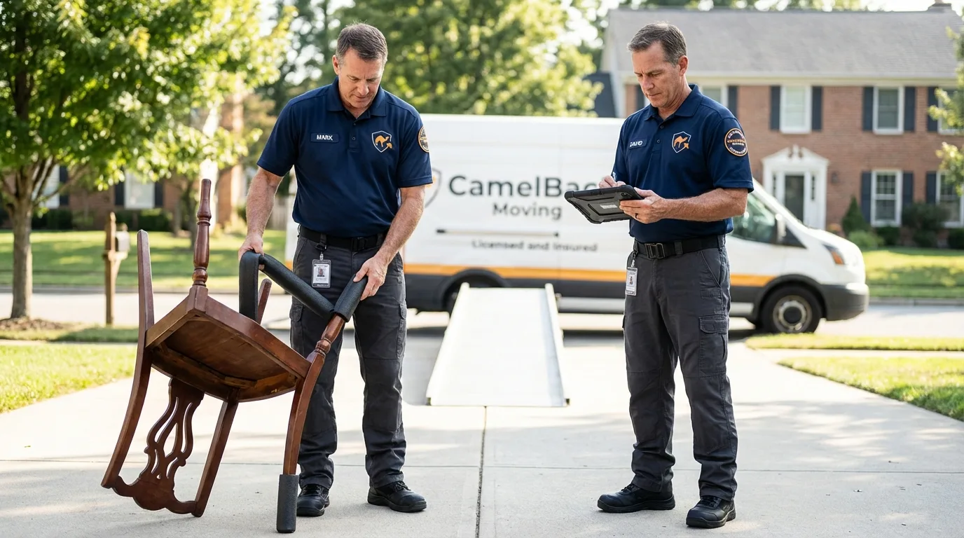 Movers inspecting furniture for damage prevention before loading in Sheldon, IL