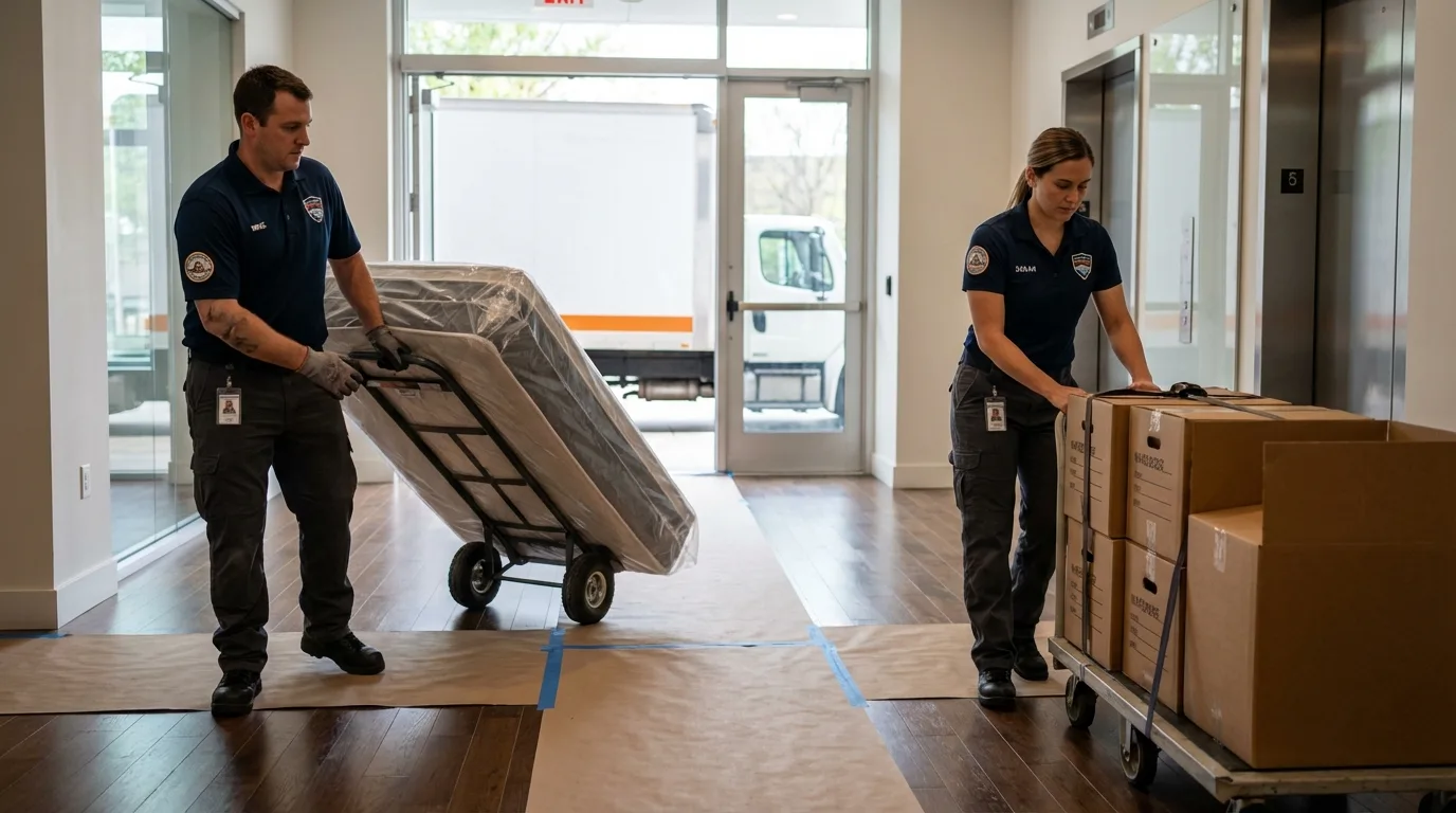 Professional apartment movers loading elevator in Sheldon, IL